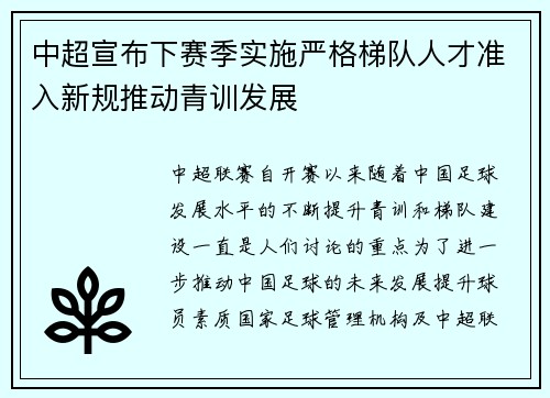 中超宣布下赛季实施严格梯队人才准入新规推动青训发展