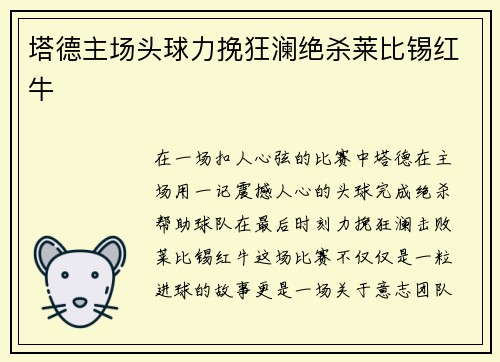塔德主场头球力挽狂澜绝杀莱比锡红牛 塔德主场头球力挽狂澜绝杀莱比锡红牛