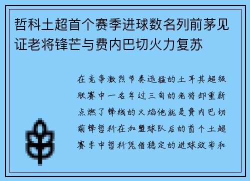 哲科土超首个赛季进球数名列前茅见证老将锋芒与费内巴切火力复苏